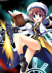 Rule 34 | 00s, 1girl, :o, bardiche (haken form) (nanoha), bardiche (nanoha), bare legs, blush, book, grimoire, hair ornament, holding, holding book, kouzuki hajime, leg up, long sleeves, looking at viewer, lyrical nanoha, mahou shoujo lyrical nanoha, mahou shoujo lyrical nanoha a&#039;s, open mouth, solo, standing, standing on one leg, tareme, tome of the night sky, x hair ornament, yagami hayate