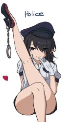 Rule 34 | 1girl, alternate costume, bad id, bad pixiv id, bare legs, black hair, brown eyes, cosplay, cuffs, finger to mouth, gloves, handcuffs, hat, heart, high heels, leg up, legs, looking at viewer, plantar flexion, pointy ears, police, police hat, police uniform, policewoman, puffy short sleeves, puffy sleeves, shameimaru aya, short sleeves, simple background, sitting, smile, solo, touhou, toujou (toujou ramen), uniform, white background, white gloves