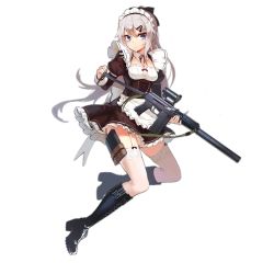 Rule 34 | 1girl, 9a-91, 9a-91 (bullets cafe) (girls&#039; frontline), 9a-91 (girls&#039; frontline), apron, belt boots, black footwear, blue eyes, boots, bow, breasts, cleavage, corset, cross-laced footwear, fangdan runiu, full body, garter straps, girls&#039; frontline, grey hair, gun, hair bow, hair ornament, hairclip, juliet sleeves, knee boots, lace-up boots, long hair, long sleeves, maid, maid headdress, medium breasts, official alternate costume, official art, ponytail, puffy sleeves, solo, submachine gun, thighhighs, transparent background, very long hair, waist apron, weapon, white thighhighs