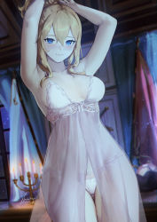 Rule 34 | 1girl, alternate costume, armpits, arms up, artist name, babydoll, bare arms, bare shoulders, blonde hair, blue eyes, breasts, candle, commentary, cowboy shot, genshin impact, hair between eyes, highres, indoors, jean (genshin impact), large breasts, long hair, looking at viewer, nashidrop, night, panties, signature, smile, solo, standing, thighs, underwear, variant set, white panties