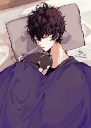 Rule 34 | 1boy, amamiya ren, animal, bad id, bad twitter id, bed, black cat, black hair, black shirt, cat, closed eyes, commentary request, hair between eyes, highres, lying, male focus, morgana (persona 5), on side, parted lips, persona, persona 5, pillow, shirt, signature, sleeping, sofra, twitter username, under covers