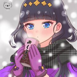 Rule 34 | 1girl, artist name, black hair, black scarf, blue eyes, blunt bangs, blush, breath, bright pupils, commentary request, delicious party precure, enpera, fur-trimmed gloves, fur trim, gloves, houndstooth, kasai amane, long hair, moro precure, parted lips, precure, purple gloves, scarf, snowing, soda, solo, sparkle hair ornament, winter