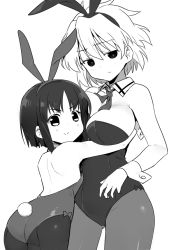 Rule 34 | 2girls, :&gt;, animal ears, ass, back, bare shoulders, blush, bow, bowtie, breasts, character request, detached collar, fake animal ears, from behind, greyscale, hug, kakura kurumi, kosegawa shiromi, large breasts, leotard, looking at viewer, looking back, monochrome, multiple girls, pantyhose, playboy bunny, rabbit ears, rabbit pose, rabbit tail, shisoneri, short hair, simple background, smile, tail, white background, wrist cuffs