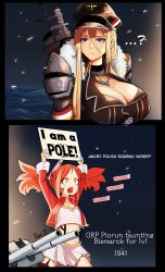 Rule 34 | ...?, 2girls, 2koma, absurdres, artist name, azur lane, bismarck (azur lane), black headwear, black jacket, black thighhighs, blonde hair, blue eyes, breasts, cleavage, comic, commentary, crop top, fur collar, hair between eyes, hat, highres, holding, holding sign, jacket, large breasts, midriff, multiple girls, night, open mouth, original, pleated skirt, red hair, red jacket, rumi (rumigawa31), shirt, sign, single thighhigh, skirt, thighhighs, twintails, water, white shirt, white skirt