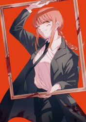 Rule 34 | 1girl, absurdres, blood, blood on face, chainsaw man, collared jacket, head tilt, highres, ice morinaka, jacket, looking at viewer, makima (chainsaw man), necktie, orange background, picture frame, ponytail, red background, shirt, simple background, solo, white shirt