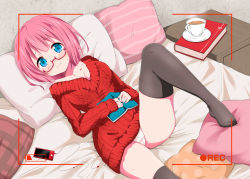 Rule 34 | 1girl, 3:, ^^^, bed, black thighhighs, blue eyes, blush, book, breasts, cameltoe, cleavage, cup, digital media player, drink, embarrassed, feet, glasses, hands on own chest, highres, hot chocolate, leg lift, leg up, long sleeves, looking at viewer, lying, off shoulder, on back, original, panties, pantyshot, pillow, pink hair, plaid, ragho no erika, recording, ribbed sweater, short hair, solo, sweat, sweater, thighhighs, underwear, v-neck, wavy mouth, white panties