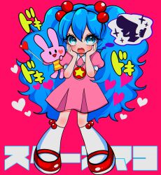Rule 34 | 1girl, big hair, blue hair, blush, dress, eyelashes, fujiwhite182, hair bobbles, hair ornament, heart, highres, jewelry, long hair, mary janes, necklace, open mouth, patricia (pop&#039;n music), pink background, pink dress, pop&#039;n music, puffy short sleeves, puffy sleeves, red footwear, shoes, short sleeves, socks, solo, space maco, star (symbol), star in eye, symbol in eye, the king (pop&#039;n music), thought bubble, very long hair, wand, white socks