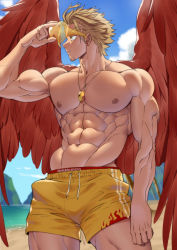 Rule 34 | 1boy, abs, absurdres, alternate costume, alternate pectoral size, bara, bare pectorals, beach, blonde hair, boku no hero academia, bulge, cowboy shot, facial hair, feathered wings, hawks (boku no hero academia), highres, large pectorals, lifeguard, male focus, male swimwear, mature male, muscular, muscular male, navel, nipples, outdoors, pectorals, red wings, short hair, solo, stomach, stubble, suyohara, swim briefs, thick thighs, thighs, water, whistle, whistle around neck, wings, yellow male swimwear