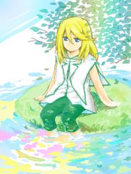 Rule 34 | 00s, 1boy, blonde hair, blue eyes, male focus, mithos yggdrasill, nature, oekaki, outdoors, sitting, solo, tales of (series), tales of symphonia, water