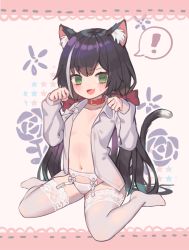 Rule 34 | 1girl, animal ear fluff, animal ears, black hair, bow, cat ears, cat girl, cat tail, collar, fang, flat chest, full body, garter straps, green eyes, hair bow, highres, karyl (princess connect!), lingerie, long hair, looking at viewer, low twintails, multicolored hair, navel, paw pose, princess connect!, red collar, revealing clothes, shirt, simple background, sitting, skin fang, solo, streaked hair, tail, thighhighs, twintails, underwear, very long hair, wariza, white shirt, white thighhighs, yareen