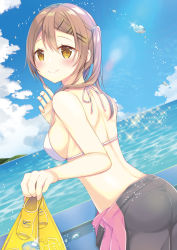 Rule 34 | 1girl, ass, bad id, bad pixiv id, bikini, bikini top only, blue sky, blush, bodysuit, breasts, brown hair, closed mouth, cloud, cloudy sky, day, diving suit, dutch angle, flippers, from behind, hair between eyes, hair ornament, hairclip, halterneck, highres, horizon, long hair, looking at viewer, looking back, medium breasts, moe2017, ocean, original, outdoors, partially undressed, shoulder blades, side ponytail, sideboob, sidelocks, sky, smile, solo, sparkle, swimsuit, ueno tomo, water drop, wetsuit, white bikini, yellow eyes
