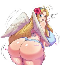 Rule 34 | 1girl, antenna hair, ass, bare shoulders, bikini, blonde hair, blue eyes, blush, breasts, come hither, filo (tate no yuusha no nariagari), flower, from behind, hair flower, hair ornament, hairband, huge ass, huge breasts, jiggle, leaning, leaning forward, long hair, looking at viewer, looking back, naughty face, open mouth, pinkkoffin, shiny skin, sideboob, smile, solo, swimsuit, tate no yuusha no nariagari, thick thighs, thighs, v, very long hair, wings