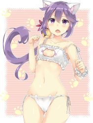 Rule 34 | 1girl, akebono (kancolle), animal ears, bad id, bad twitter id, bell, blush, bra, breasts, cat cutout, cat ear panties, cat ears, cat lingerie, cleavage cutout, clothing cutout, commentary request, cowboy shot, crotch seam, fang, flower, frilled bra, frills, frown, gluteal fold, hair bell, hair flower, hair ornament, highres, jingle bell, kantai collection, long hair, looking at viewer, meme attire, navel, nishimi shin, open mouth, panties, paw print, purple eyes, purple hair, side-tie panties, side ponytail, small breasts, solo, standing, strap slip, striped, striped background, thigh gap, underwear, underwear only, v-shaped eyebrows, white bra, white panties, wristband
