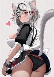 Rule 34 | 1girl, animal ear fluff, animal ears, apron, ass, ayukawa ii, bad id, bad pixiv id, blush, braid, breasts, butt crack, cat ears, cat tail, closed mouth, ear piercing, extra ears, fang, fang out, frilled apron, frills, from behind, grey background, grey hair, hair ribbon, highres, hololive, large breasts, looking at viewer, looking back, maid headdress, multicolored hair, nail polish, piercing, plaid, plaid skirt, puffy short sleeves, puffy sleeves, red eyes, red nails, red ribbon, ribbon, sakamata chloe, short sleeves, simple background, single braid, skindentation, skirt, solo, streaked hair, tail, virtual youtuber, white apron