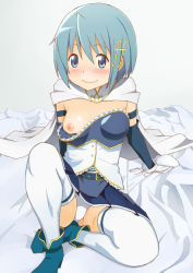 Rule 34 | 10s, 1girl, armband, belt, blue eyes, blue hair, blush, bra, unworn bra, breasts, cape, fortissimo, gloves, hair ornament, hairclip, magical girl, mahou shoujo madoka magica, mahou shoujo madoka magica (anime), mahou shoujo madoka magica movie 1 &amp; 2, matching hair/eyes, miki sayaka, musical note, musical note hair ornament, nipple slip, nipples, short hair, sitting, small breasts, smile, solo, soul gem, thighhighs, toe fu, underwear, zettai ryouiki