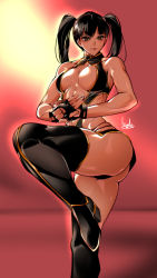 Rule 34 | 1girl, ass, black hair, boots, bowalia, breasts, dead or alive, flexing, hair down, high heel boots, high heels, large breasts, lei fang, muscular, muscular female, revealing clothes, simple background, solo, standing, standing on one leg, thighhighs, thighs, v-shaped eyebrows