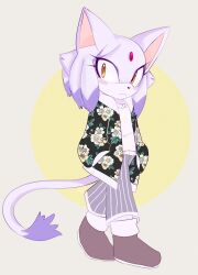 Rule 34 | 1girl, animal ears, blaze the cat, blush, brown footwear, cat ears, cat girl, cat tail, eyelashes, floral print, forehead jewel, furry, furry female, grey pants, hands in pockets, highres, looking at viewer, minwabu, pants, purple fur, simple background, sonic (series), sweater, tail, yellow eyes