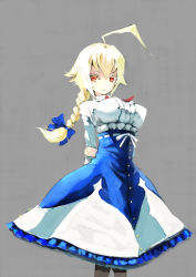 Rule 34 | 1girl, absurdres, ahoge, arms behind back, bana (stand flower), black legwear, blazblue, blonde hair, blue bow, bow, braid, breasts, commentary request, es (xblaze), expressionless, feet out of frame, frilled shirt collar, frills, grey background, hair between eyes, hair bow, highres, holding own arm, huge ahoge, large breasts, long braid, long hair, long skirt, long sleeves, necktie, red eyes, single braid, skirt, solo, xblaze, xblaze code: embryo