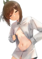 Rule 34 | 1girl, blush, breasts, brown eyes, brown hair, buttons, collared shirt, commentary request, i-401 (kancolle), kantai collection, long sleeves, navel, ponytail, sakieko, shirt, short hair, simple background, small breasts, smile, solo, upper body, white background, white shirt