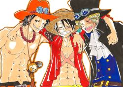 Rule 34 | 3boys, abs, black hair, blonde hair, bracelet, brothers, ascot, closed eyes, freckles, gloves, goggles, hat, jewelry, looking at viewer, male focus, maruco007, monkey d. luffy, multiple boys, necklace, one piece, open clothes, open mouth, open shirt, portgas d. ace, red shirt, sabo (one piece), scar, shirt, topless male, shueisha, siblings, smile, smiley, stampede string, straw hat, top hat