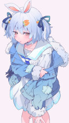 Rule 34 | 1girl, :t, absurdres, animal ears, blue jacket, blue neckerchief, blue ribbon, blush, carrot hair ornament, clothes pull, collarbone, denim, denim jacket, dress, food-themed hair ornament, fur-trimmed jacket, fur-trimmed sleeves, fur trim, hair ornament, hair ribbon, hairclip, highres, hololive, jacket, jacket pull, looking to the side, multicolored hair, neckerchief, official alternate costume, open clothes, open jacket, orange eyes, rabbit ears, ribbon, sailor collar, sailor dress, short dress, short hair, single off shoulder, two-tone hair, usada pekora, usada pekora (casual), valentine (02140314c), virtual youtuber, white background, white hair, white sailor collar