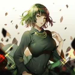 Rule 34 | 1girl, breasts, covered navel, dress, female focus, fingernails, fubuki (one-punch man), ganik (pisshine), green dress, green eyes, green hair, green nails, jewelry, large breasts, lens flare, lipstick, long fingernails, long sleeves, looking at viewer, makeup, matching hair/eyes, nail polish, necklace, one-punch man, parted lips, rock, sharp fingernails, short hair, solo, upper body