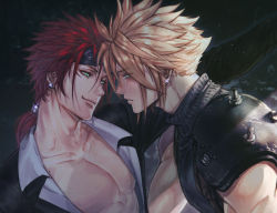 Rule 34 | 2boys, armor, blonde hair, blue eyes, blue shirt, cloud strife, earrings, facial mark, final fantasy, final fantasy vii, final fantasy vii remake, goggles, goggles on head, green eyes, hair between eyes, highres, jewelry, jiao mao, low ponytail, multiple boys, muscular, muscular male, open clothes, open shirt, pectorals, red hair, reno (ff7), shirt, shoulder armor, single earring, sleeveless, sleeveless turtleneck, spiked hair, turtleneck, upper body, yaoi