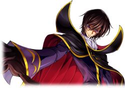 Rule 34 | 1boy, arm at side, artist request, ascot, black cape, black gloves, black hair, cape, coat, code geass, code geass: lost stories, cropped torso, game cg, gloves, gold trim, hair between eyes, happy, high collar, highres, lelouch vi britannia, looking at viewer, male focus, non-web source, official art, outstretched arm, parted lips, purple coat, purple eyes, reaching, reaching towards viewer, short hair, sidelocks, simple background, smile, solo, standing, teeth, transparent background, two-tone cape, underlighting, upper body, v-shaped eyebrows, white ascot, zero (code geass)