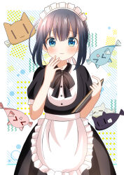 Rule 34 | &gt; &lt;, 1girl, :d, absurdres, animal, apron, black dress, black hair, blue eyes, blush, closed eyes, closed mouth, commentary request, diagonal stripes, dress, fish, frilled apron, frills, hair between eyes, hands up, highres, holding, looking at viewer, maid, maid headdress, minagi hiyori, open mouth, puffy short sleeves, puffy sleeves, ryoutan, short sleeves, sidelocks, slow loop, smile, solo, striped, striped background, wavy mouth, white apron, white background, xd