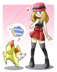 Rule 34 | 10s, 1girl, black shirt, black thighhighs, blouse, blue eyes, boots, clothes lift, collared shirt, creatures (company), cross-laced footwear, fennekin, full body, game freak, gen 6 pokemon, hat, lace-up boots, long hair, miniskirt, nintendo, outline, panties, pink hat, pleated skirt, pocket, pokemon, pokemon (anime), pokemon (creature), pokemon xy, rascal (feuille), red skirt, serena (pokemon), shirt, skirt, sleeveless, sleeveless shirt, striped clothes, striped panties, tagme, thighhighs, underwear, white outline