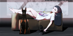 Rule 34 | 1girl, absurdres, air max 97, barefoot, black hair, couch, dated, doberman, dog, from side, heitian keji, high heels, highres, holding, holding clothes, holding footwear, long hair, looking at viewer, lying, mole, mole under eye, nike (company), no pants, on couch, original, shirt, shoes, sneakers, solo focus, thighs, white shirt, yellow eyes