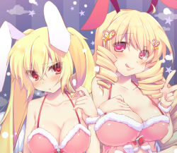 Rule 34 | 2girls, animal ears, bad id, bad pixiv id, bare shoulders, blonde hair, blush, breast suppress, breasts, rabbit ears, cleavage, drill hair, hand on own chest, heart, heart-shaped pupils, inose riku, large breasts, licking lips, long hair, looking at viewer, multiple girls, original, red eyes, smile, symbol-shaped pupils, tongue, tongue out, twintails, upper body, v