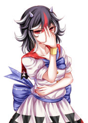 Rule 34 | 1girl, bad id, bad pixiv id, black hair, collarbone, cone horns, covering own mouth, dress, grey horns, hand on own face, highres, horns, kijin seija, multicolored hair, parody, puffy short sleeves, puffy sleeves, red eyes, red hair, sailor collar, sheya, short hair, short sleeves, solo, streaked hair, touhou, white dress, white hair
