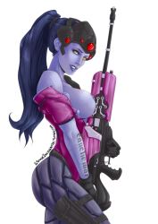 Rule 34 | 1girl, blue hair, blue skin, breasts, breasts out, colored skin, gloves, gun, head-mounted display, looking at viewer, nipples, overwatch, overwatch 1, parted lips, ponytail, solo, standing, tattoo, teeth, velvetqueenh, watermark, weapon, web address, widowmaker (overwatch), yellow eyes