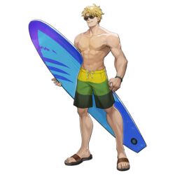 Rule 34 | 1boy, abs, artist request, blonde hair, collarbone, full body, girls&#039; frontline, green wristband, grin, holding, holding surfboard, male focus, male swimwear, muscular, navel, official alternate costume, official art, paradeus, sandals, short hair, simple background, smile, solo, standing, strelet (girls&#039; frontline), sunglasses, surfboard, swim trunks, swimsuit, third-party source, topless male, transparent background