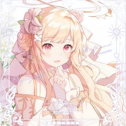 Rule 34 | 1girl, angel, artist name, bare shoulders, blonde hair, blush, border, bow, commentary, copyright request, dot nose, fingers together, hair ribbon, highres, looking at viewer, open mouth, pink hair, plant, ribbon, sidelocks, simple background, solo, white background, yellow bow, z965429663