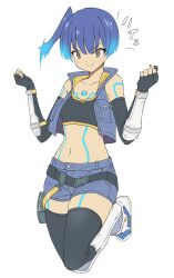 Rule 34 | 1girl, black sports bra, blue hair, breasts, brown eyes, chest jewel, closed mouth, commentary, crop top, fiery hair, full body, gloves, glowing lines, highres, looking at viewer, navel, sena (xenoblade), shorts, showhey!!, side ponytail, small breasts, smile, solo, sports bra, translation request, xenoblade chronicles (series), xenoblade chronicles 3