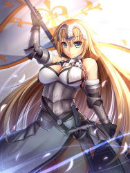 Rule 34 | 1girl, absurdres, armor, bare shoulders, blonde hair, breasts, chain, cleavage, fate/apocrypha, fate/grand order, fate (series), female focus, flag, flagpole, gauntlets, green eyes, guardian-panda, hair down, headdress, highres, jeanne d&#039;arc (fate), jeanne d&#039;arc (ruler) (fate), jeanne d&#039;arc (third ascension) (fate), large breasts, long hair, looking at viewer, sheath, sheathed, smile, solo, sword, weapon