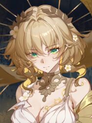 1girl aglaea_(honkai:_star_rail) armpit_crease bare_shoulders blonde_hair blunt_bangs breasts chest_tattoo cleavage close-up closed_mouth collarbone detached_collar dress flower greco-roman_clothes green_eyes hair_flower hair_ornament hashtag-only_commentary head_tilt headpiece highres honkai:_star_rail honkai_(series) large_breasts laurel_crown looking_at_viewer looking_to_the_side mihan_(mihan_art) multicolored_background scarf short_hair solo tattoo unfinished wavy_hair white_dress white_flower yellow_scarf