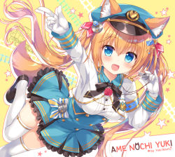 Rule 34 | 1girl, :d, ameto yuki, animal ear fluff, animal ears, artist name, black footwear, blue eyes, blue hat, blue skirt, blush, breasts, brown hair, collared shirt, commentary request, dog ears, dog girl, dog tail, ears through headwear, fang, frilled skirt, frills, gloves, hair between eyes, hair ornament, hair ribbon, hairpin, hat, high-waist skirt, index finger raised, loafers, long hair, long sleeves, medium breasts, open mouth, original, outstretched arm, peaked cap, pleated skirt, railroad tracks, red ribbon, ribbon, shirt, shoes, skirt, smile, solo, star (symbol), star hair ornament, tail, thighhighs, twintails, uniform, very long hair, white gloves, white shirt, white thighhighs