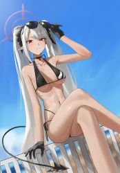 Rule 34 | 1girl, absurdres, adjusting eyewear, beach, bikini, black bikini, black gloves, blue archive, blue sky, blush, breasts, closed mouth, commentary request, dark-skinned female, dark skin, demon tail, gloves, grey hair, halo, highres, iori (blue archive), iori (swimsuit) (blue archive), long hair, looking at viewer, medium breasts, multi-strapped bikini bottom, outdoors, pointy ears, red eyes, sky, so shio, solo, sunglasses, swimsuit, tail, twintails