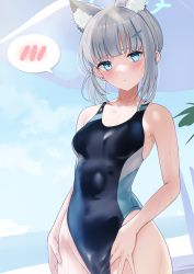 Rule 34 | 1girl, absurdres, animal ear fluff, animal ears, black one-piece swimsuit, blue archive, blue eyes, cameltoe, commentary request, competition swimsuit, cowboy shot, cross hair ornament, ev (dai00888), grey hair, hair ornament, halo, hand under clothes, hand under swimsuit, highres, looking at viewer, medium hair, one-piece swimsuit, shiroko (blue archive), shiroko (swimsuit) (blue archive), solo, spoken blush, swimsuit