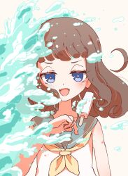 Rule 34 | 1girl, :d, absurdres, blue eyes, brown hair, fangs, food, hand up, highres, kurosu aroma, long hair, looking at viewer, neckerchief, open mouth, popsicle, pretty series, pripara, ruru ashihara, sailor collar, shirt, simple background, smile, solo, splashing, third-party source, upper body, water, white background, white shirt, yellow neckerchief