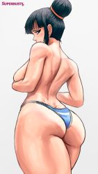 Rule 34 | 1girl, artist name, ass, back, black eyes, black hair, blush, breasts, chi-chi (dragon ball), dragon ball, hair bun, highres, huge ass, looking at viewer, looking back, mature female, panties, sideboob, single hair bun, solo, striped clothes, striped panties, superbusty, thick thighs, thighs, topless, underwear
