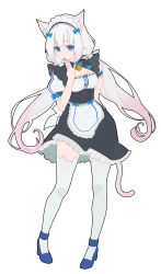 1girl :o absurdres animal_ear_fluff animal_ear_legwear animal_ears apron arm_at_side back_bow bell black_shirt black_skirt blue_bow blue_bowtie blue_eyes blue_footwear blue_nails blunt_bangs bow bowtie breasts cat_ear_legwear cat_ear_thighhighs cat_ears cat_girl cat_tail cat_thighhighs character_name cleavage_cutout clothing_cutout commentary_request dated_commentary floating_hair frilled_apron frilled_skirt frills full_body gradient_hair hair_bow hand_to_own_mouth hand_up heart-shaped_ornament high_heels highres huamu1314 jingle_bell long_hair looking_at_viewer low_twintails maid maid_apron maid_headdress multicolored_hair nail_polish neck_bell nekopara open_mouth pink_hair puffy_short_sleeves puffy_sleeves shirt short_sleeves sidelocks simple_background skirt sleeve_bow slit_pupils small_breasts solo standing tail thighhighs twintails vanilla_(nekopara) very_long_hair waitress white_apron white_background white_bow white_hair white_thighhighs zettai_ryouiki