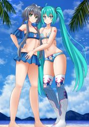 Rule 34 | 2girls, ahoge, bare arms, bare legs, bare shoulders, barefoot, beach, bikini, black hair, blue bikini, blue sky, blue thighhighs, blush, braid, breasts, cleavage, closed mouth, cloud, cloudy sky, collarbone, commentary, commission, day, english commentary, green eyes, green hair, hair between eyes, hair ornament, hair ribbon, hand on another&#039;s waist, hand on own hip, hatsune miku, highres, kazenokaze, long hair, low twintails, luo tianyi, mountain, multiple girls, navel, outdoors, palm tree, ribbed legwear, ribbon, sand, skindentation, sky, small breasts, smile, standing, striped bikini, striped clothes, swimsuit, thighhighs, tree, twintails, very long hair, vocaloid, vocanese, water, white ribbon