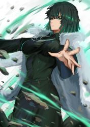 Rule 34 | 1girl, bad id, bad pixiv id, bob cut, breasts, coat, collared dress, commentary request, cowboy shot, debris, dress, fubuki (one-punch man), fur coat, fur trim, green dress, green eyes, green hair, hands up, highres, impossible clothes, jewelry, kyuu (chiu850513), large breasts, long sleeves, looking at viewer, motion lines, necklace, one-punch man, pointy nose, short hair, solo, teeth