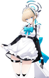 Rule 34 | 1girl, apron, bare shoulders, black dress, black gloves, blonde hair, blue archive, blue bow, blue bowtie, blue eyes, blush, bow, bowtie, breasts, chest harness, commentary, dress, earpiece, fingerless gloves, gloves, halo, harness, highres, liu liu, looking at viewer, maid headdress, pouch, revision, short dress, short hair, small breasts, solo, thigh strap, thighs, toki (blue archive), white apron