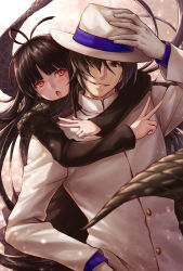 Rule 34 | 1boy, 1girl, :o, antenna hair, arm up, black eyes, black hair, black scarf, blush, buttons, fate/grand order, fate (series), fedora, gloves, grin, hair over one eye, hand on headwear, hat, hug, hug from behind, light particles, lioreo, long hair, long sleeves, oryou (fate), parted bangs, pink eyes, sakamoto ryouma (fate), scarf, short hair, smile, white gloves, white hat