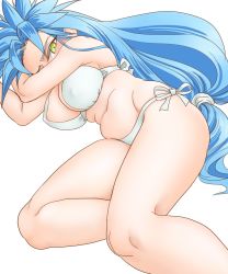 Rule 34 | 1girl, bikini, blue hair, breasts, chrono trigger, cleavage, covered erect nipples, green eyes, groin, hair intakes, large breasts, long hair, low-tied long hair, lying, mature female, navel, queen zeal, s-a-murai, side-tie bikini bottom, simple background, solo, swimsuit, very long hair, white background, white bikini